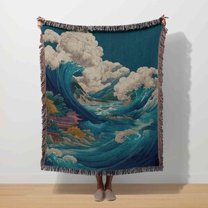 Japanese Landscape, Japandi Tapestry, Great Wave Kanagawa Art, Woodblock Ukiyoe Hokusai, Nature Woven Blanket, Abstract Throw Zen Home Decor
