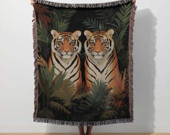 Tiger Woven Blanket Botanical Jungle Animal Safari Wall Tapestry Tiger Throw Decor Tropical Plant Wildlife Forest Maximalist Eclectic Tiger