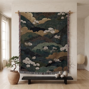 Japanese Landscape, Japandi Tapestry, Nature Woven Blanket, Asian Floral Art, Abstract Throw, Zen Home Decor, Traditional Oriental Tapestry