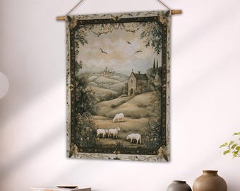 English Countryside Sheep Woven Wall Tapestry, Cottagecore Pastoral Landscape Art, Vintage European Farmhouse, Nature Decor Gift