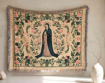 Virgin Mary Tapestry, Virgin Mary Woven Blanket, Mother of God Icon Style Throw, Christian Blanket Religious Faith Based Floral Sacred Decor