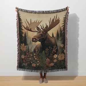 Moose Woven Blanket Moose Elk Throw Misty Forest Tapestry Majestic Animal Art Woodland Blanket Moody Wildlife Decor Nature National park
