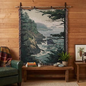 Pacific Northwest Woven Blanket, Retro Forest Throw, Mountain Tapestry, Outdoor Adventure, PNW Travel, Oregon Washington, Nature Cabin Decor