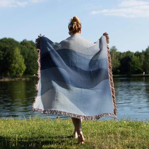 Coastal Woven Blanket Retro Nautical Throw Seaside Tapestry Scandi Beach House Decor Midcentury Modern Abstract Wave Blue Ocean Marine Gift