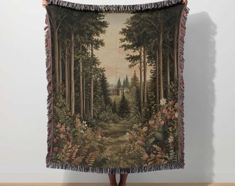 French Verdure Tapestry Forest Woven Blanket Enchanted Throw Vintage European Chateau Woodland Enchanted Nature Cottagecore Fairycore Art