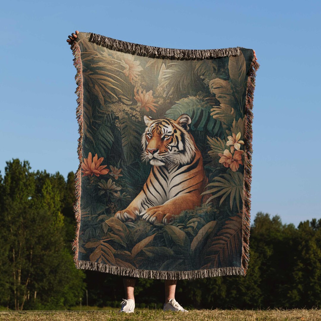 Tiger Woven Blanket Tropical Animal Throw Boho Botanical Tiger Jungle ...