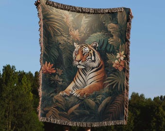 Tiger Woven Blanket Tropical Animal Throw Boho Botanical Tiger Jungle Decor Rainforest Tapestry Safari Wildlife Gift Nature Maximalist Art