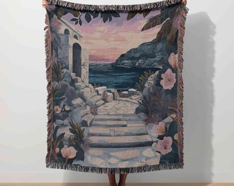 Mediterranean Throw, Greek Woven Blanket, Coastal Tapestry, Amalfi Coast, Classical Floral Decor, Greece Home Decor