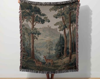 European Tapestry English Countryside French Verdure Deer Tapestry Enchanted Forest Woven Blanket Vintage Throw Antique Decor Chateau Art