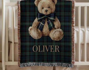 Personalized Teddy Bear Baby Blanket, Custom Name Tartan Plaid Woven Blanket, Heritage Nursery Decor Gift, Preppy Teddy Baby Shower Throw