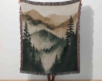 Forest Woven Blanket, Cozy Nature Throw, Mountain Tapestry, Rustic Cabin Decor, Woodland Landscape Art, Outdoor Adventure, Hiking Camping