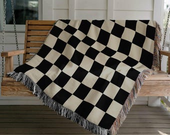 Checkered Blanket Checker Woven Blanket Black and White Throw Retro Woven Throw Boho Tapestry Gift Checker Throw Checkerboard Picnic Blanket