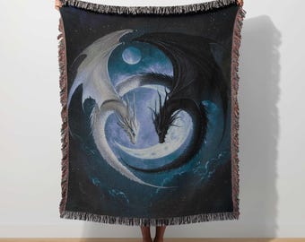 Celestial Dragon Woven Blanket Yin Yang Dragon Tapestry Witch Gothic Throw Cosmic Fantasy Dragon Moon Mystical Sky Spiritual Home Decor Gift