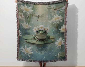 Frog Woven Blanket Floral Toad Throw Cottagecore Tapestry Spring Frog Woodland Blanket Botanical Pond Garden Nature Whimsical Toad Decor