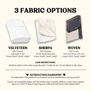 three fabric options: velvet, Sherpa, and woven, each with different characteristics and care instructions.