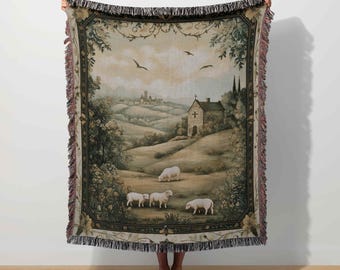 European Tapestry English Countryside French Verdure Sheep Tapestry Enchanted Forest Woven Blanket Vintage Throw Antique Decor Chateau Art