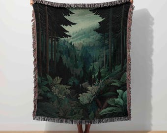 Enchanted Forest Woven Blanket, Woodland Tapestry, Nature Home Decor, Wall Hanging Art, Moody Landscape, Cozy Cotton Throw,