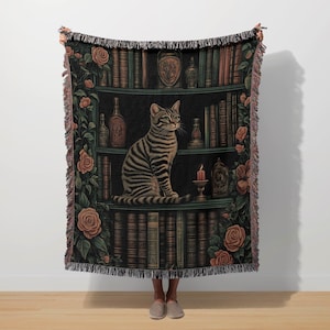 Cat Woven Blanket Bookish Cat Throw Witchy Gothic Tapestry Dark Academia Crazy Cat Lady Gift Blanket Booknook Library Vintage Floral Roses