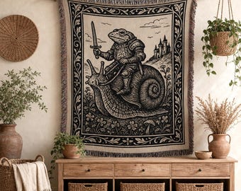 Funny Medieval Frog Woven Tapestry, Weird Snail Blanket, Quirky Frog Knight, Ren Faire Decor, Renaissance Fantasy, Vintage Mythical Humor