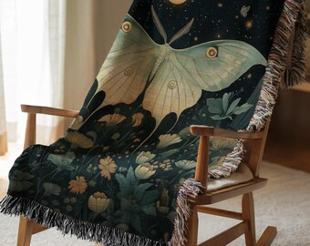 Moth Woven Blanket Witchy Luna Moth Gothic Butterfly Moon Mystical Tapestry Whimsigoth Throw Academia Wildflower Blanket Floral Cottagecore