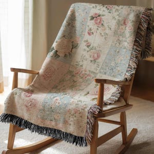 Floral Patchwork Baby Blanket, Farmhouse Flower Nursery Woven Throw, Vintage Cottagecore Grandmillennial Granny Blanket Shabby Chic Tapestry