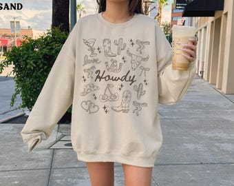 Western Coquette Shirt Cowgirl Bow Sweatshirt Coquette Doodle Tee Howdy Sweater Cowgirl Boots Tshirt Retro Western Nashville Country Girly