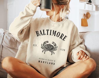 Baltimore Sweatshirt Maryland Sweater Crab Crewneck Vintage MD State Shirt Baltimore MD Gift BMore Vacation Souvenir Clothing Apparel Hoodie