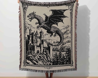 Medieval Dragon Tapestry, Castle Woven Blanket, Mythical Creature, Fantasy Home Decor, Gothic Witchy, Bookish Throw, Vintage Renaissance