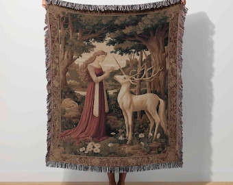 Lady and The Unicorn Tapestry Medieval Woven Blanket Renaissance Throw Ancient Home Decor Historical Tapestry Fairytale Art Vintage Fantasy