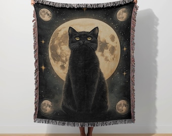 Manta celestial de gato negro, manta mística de luna, manta de gato bruja, tapiz tejido de gatito, decoración gótica para amantes de los gatos, fase lunar, noche estrellada
