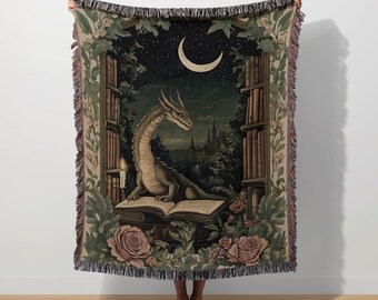Dragon Blanket Fantasy Dragon Throw Bookish Medieval Woven Blanket Romantasy Booktok Throw Dragon Reader Mythical Tapestry Castlecore Castle