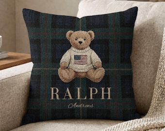 Custom Teddy Bear Pillow, Personalized Baby Woven Pillow, Preppy Tartan Plaid Pillow, Bear Baby Shower Gift, Vintage Boy Nursery Decor