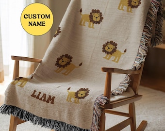 Personalized Lion Baby Blanket Custom Name Baby Blanket Safari Animal Woven Throw Cute Lion Blanket Jungle Theme Nursery Decor Gift Boy Girl