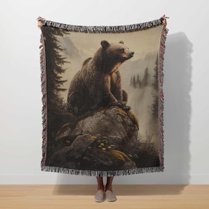 Bear Woven Blanket Grizzly Bear Throw Forest Tapestry Majestic Animal Wall Art Woodland Blanket Moody Wildlife Decor Nature National park