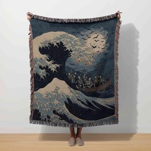 Japanese Landscape, Japandi Tapestry, Great Wave Kanagawa Art, Woodblock Ukiyoe Hokusai, Nature Woven Blanket, Abstract Throw Skeleton Decor