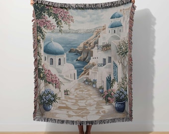 Santorini Greece Woven Blanket Blue Dome Tapestry Mediterranean Decor Greek Island Seaside Coastal Blanket Gift Euro Summer Aesthetic Throw