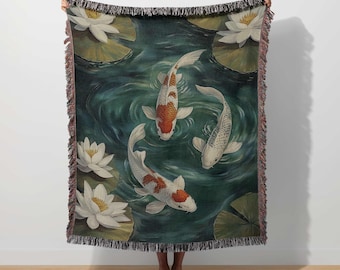 Koi Fish Woven Blanket Japanese Tapestry Japandi Art Home Decor Lotus Pond Zen Garden Oriental Blanket Modern Asian Throw Koi Fish Tapestry