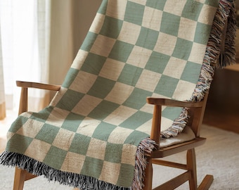 Checkered Blanket Checker Woven Blanket Sage Green Throw Retro Woven Throw Boho Tapestry Gift Checkered Throw Checkerboard Picnic Blanket