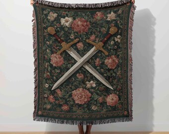 Medieval Sword Tapestry Gothic Woven Blanket Floral Swords Throw Renaissance Art Antique Home Decor Fantasy Knight Vintage Warrior Regal