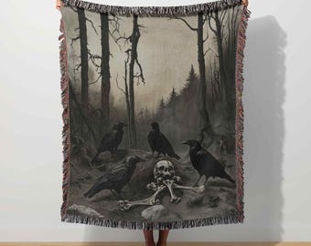 Raven Woven Blanket Gothic Skull Tapestry Throw Dark Art Crow Halloween Witchy Home Decor Spooky Season Forest Blanket Occult Dark Academia