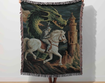 Medieval Knight Tapestry Dragon Woven Blanket Warrior Throw Renaissance Art Antique Decor Dark Fantasy Knight Castle Medieval Vintage Horse