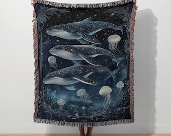 Celestial Whale Woven Blanket Marine Life Ocean Save the Sea Animal Throw Starry Night Tapestry Oceancore Orca Underwater Conservation Boho