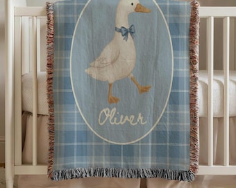Manta de ganso personalizada para bebé, manta tejida a cuadros azules con nombre personalizado, regalo de decoración de guardería de ganso de granja, manta coqueta para baby shower