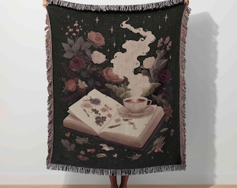 Bookish Woven Blanket Enchanted Tapestry Witchy Throw Cottagecore Fairycore Witchcore Decor Floral Gothic Art Magical Botanical Apothecary