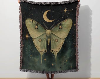 Luna Moth Woven Blanket Witchy Butterfly Moon Mystical Moth Tapestry Whimsigoth Throw Gothic Dark Academia Starry Night Blanket Cottagecore