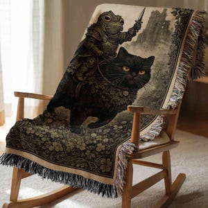 a black cat sitting on a wooden rocking chair, with a frog-like creature wearing armor and holding a sword on its back.
