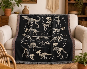 Dinosaur Blanket Dinosaur Fossil Dinosaur Skeleton Skull Paleontology Gift Woven Blanket TRex Goblincore Throw Dino Blanket Triceratops Gift