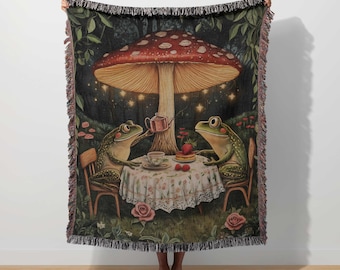 Frog Woven Blanket Mushroom Toad Throw Retro Botanical Frog Whimsical Tapestry Cottagecore Decor Enchanted Forest Woodland Fairycore Nature