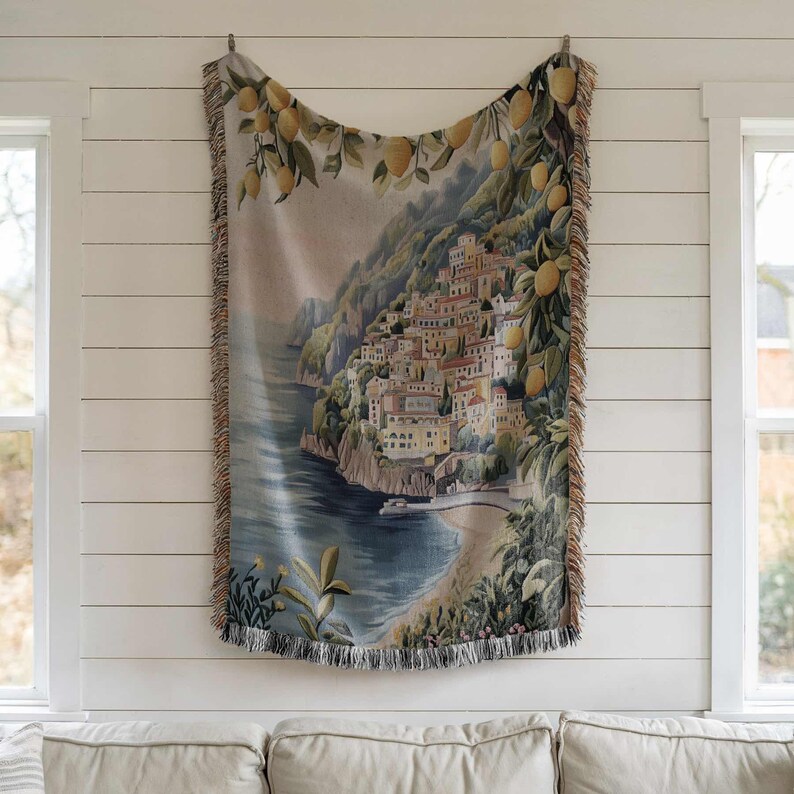 a tapestry hanging on the wall of a living room