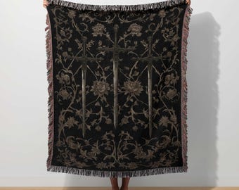 Fantasy Medieval Blanket, Gothic Sword Woven Tapestry, Ornate Floral Throw, Antique Renaissance Art Decor, DND Knight Vintage Warrior Regal